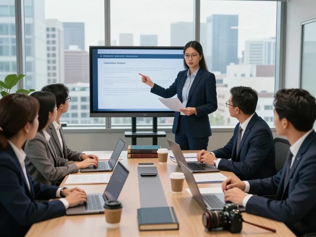 USA lawyers collaborating in a modern legal office strategy meeting.