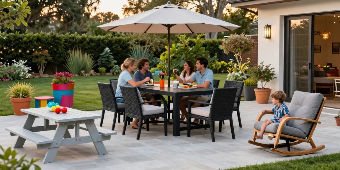 Modern patio furniture in a family-friendly outdoor setting with a stylish dining set and cozy seating.