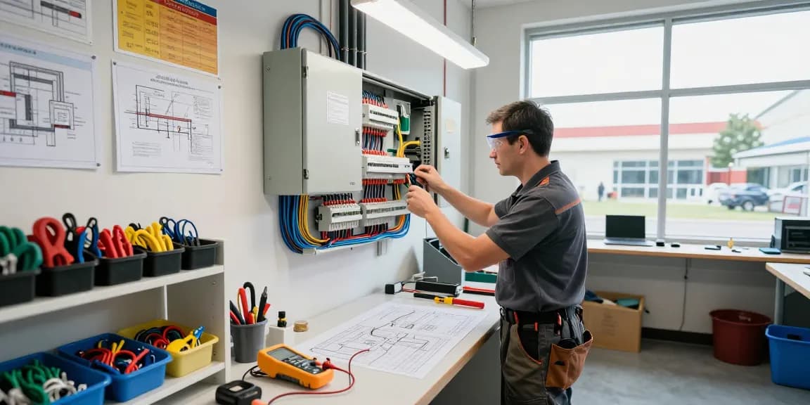 Electrician certification guide in a vibrant workshop with an electrician inspecting panels and tools.