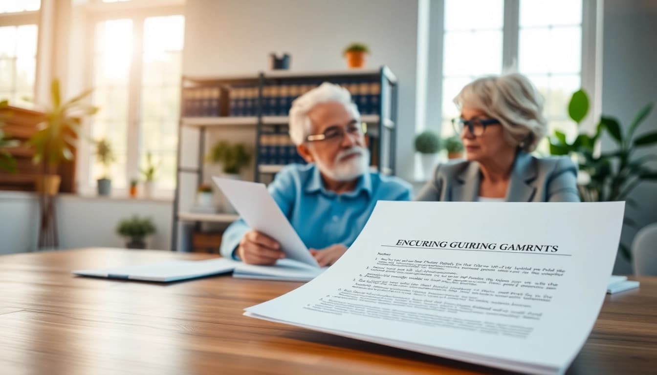 Showcase of an elderly couple engaging with their Enduring Guardian legal document in a bright office setting.