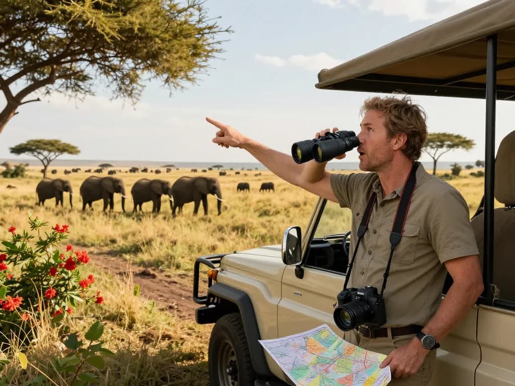 Safari and Kilimanjaro packages showcased through a traveler spotting wildlife in the Serengeti.