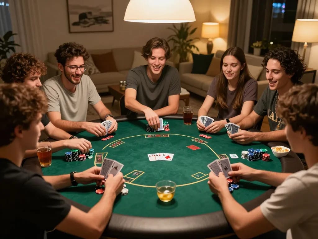 Friends engage in an exciting poker game night at home with vaobet strategies, showcasing chips and cards.
