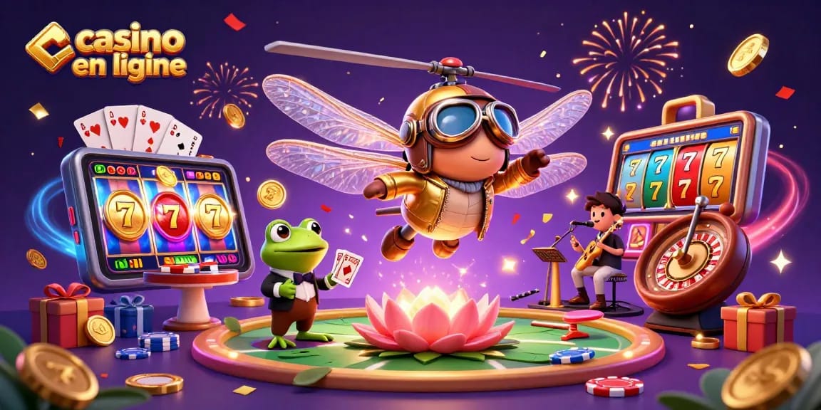 Gagnez avec des jeux captivants au casino en ligne, animé par un dragon volant, un croupier, et un orchestre.