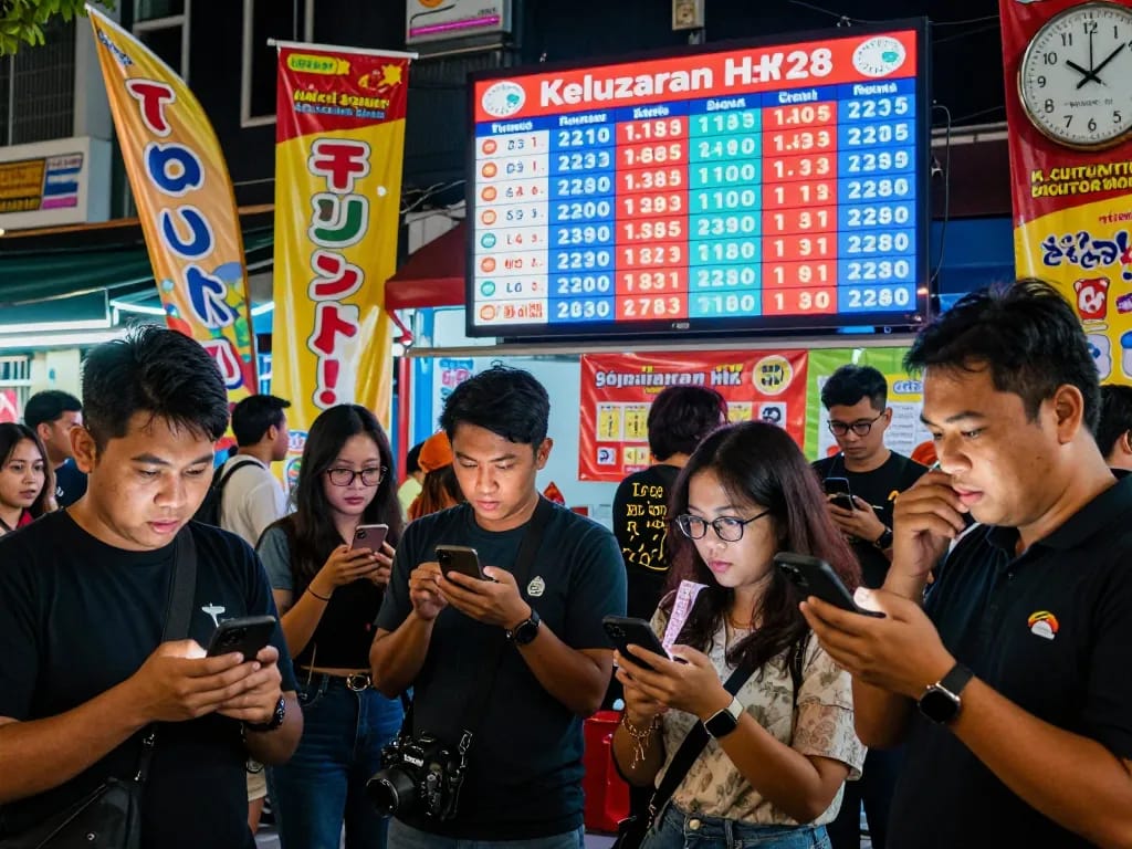 Keluaran HK jackpot numbers displayed at a lively lottery venue with excited participants checking their tickets.