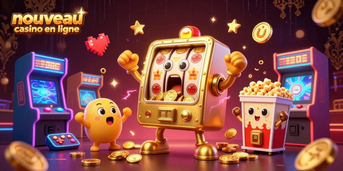 Jouez dans un nouveau casino en ligne avec des machines à sous dorées célébrant des gains.