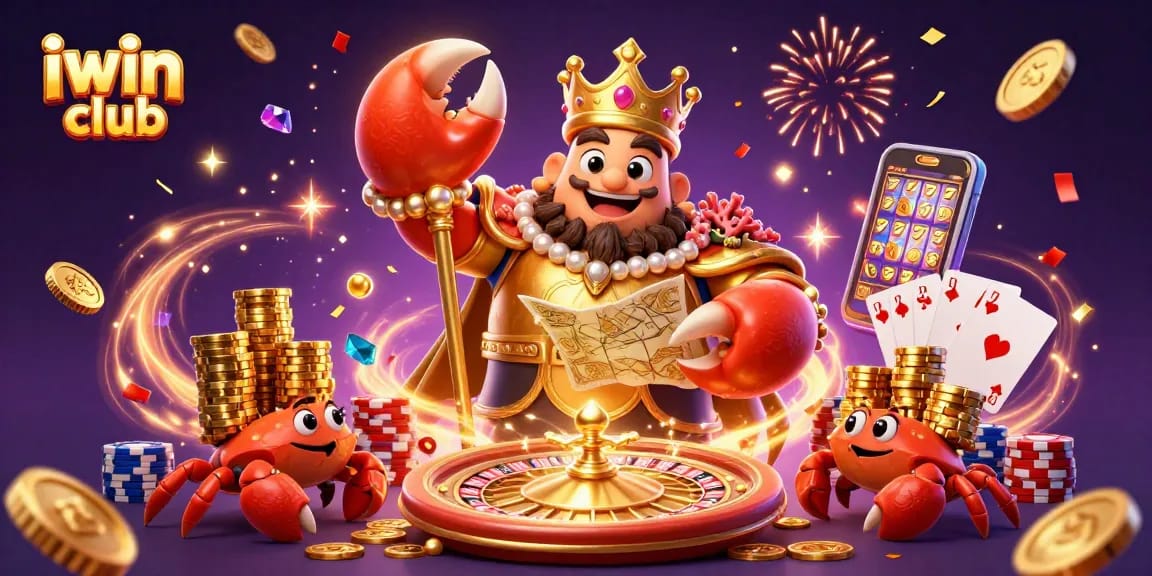 Experience thrilling casino action at iwin club with a vibrant scene of a golden crab emperor amidst cascading winnings and magical energy.