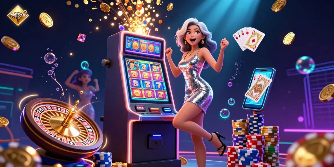 Engage with Togel Online in a vibrant casino scene featuring celebratory characters and dynamic game elements.