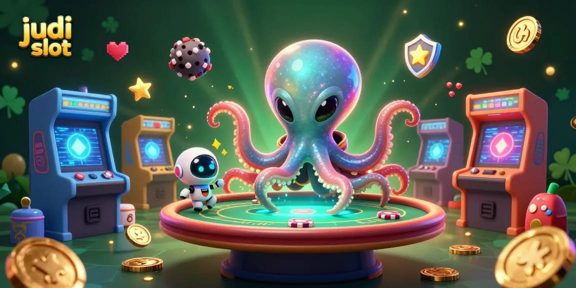 Engage with judi slot in a vibrant 3D casino illustration featuring an alien octopus and colorful game elements.