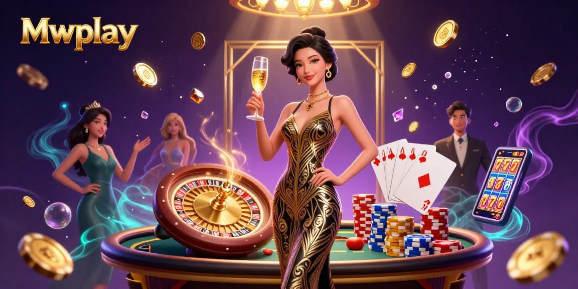 Mwplay offers an exciting casino experience featuring a glamorous Asian woman celebrating her wins amidst sparkling casino elements.