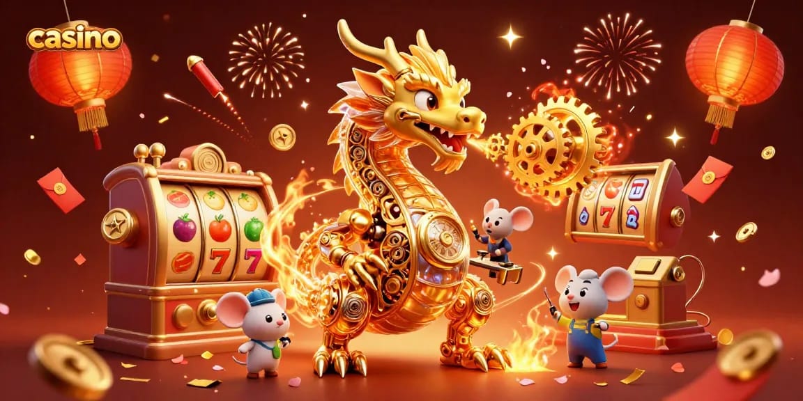 Experience explosive wins at the casino with golden dragon and vibrant slot elements!
