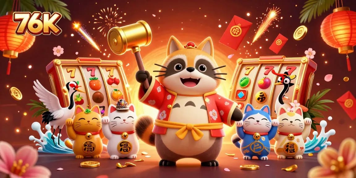 Experience 76K's vibrant casino atmosphere with cheerful characters and dynamic game elements.