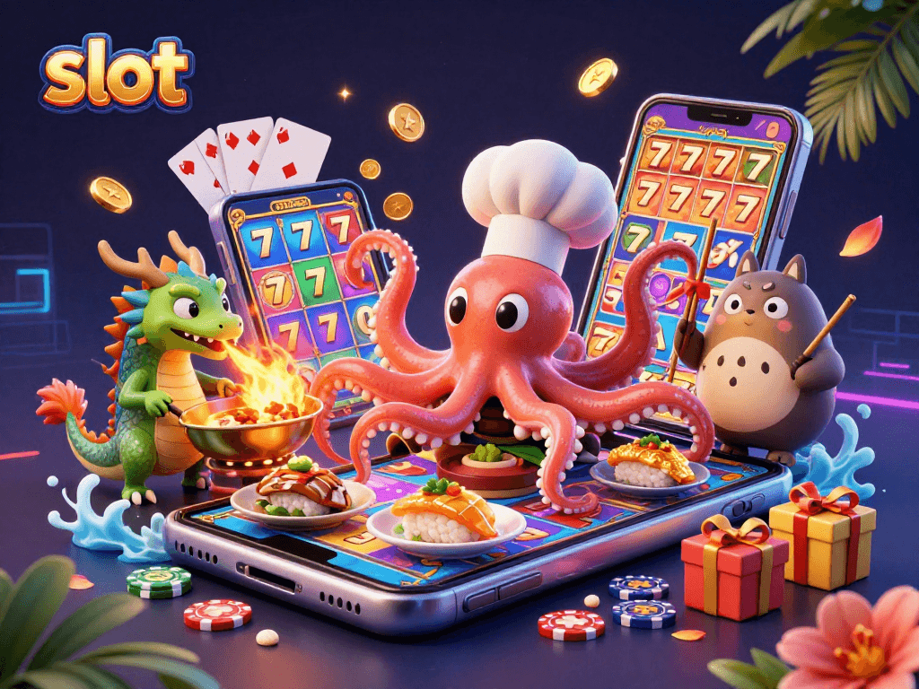 Engaging slot game action with a sushi chef octopus, dragon, and tanuki amid vibrant gaming elements.
