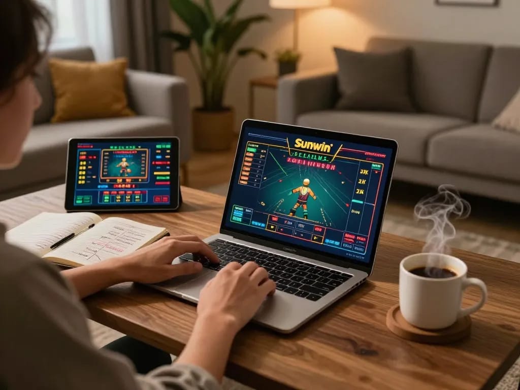 Sunwin player enjoys online casino gameplay on a stylish setup with strategy notes.