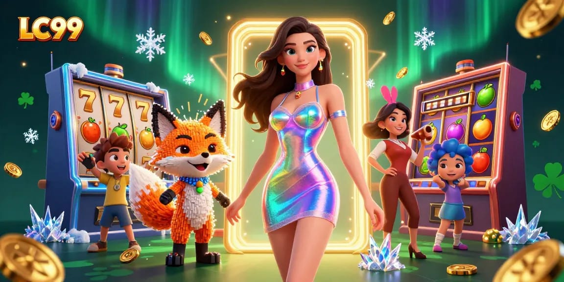 Experience the excitement of LC99 with vivid slot reels and colorful characters in a dynamic gaming scene.