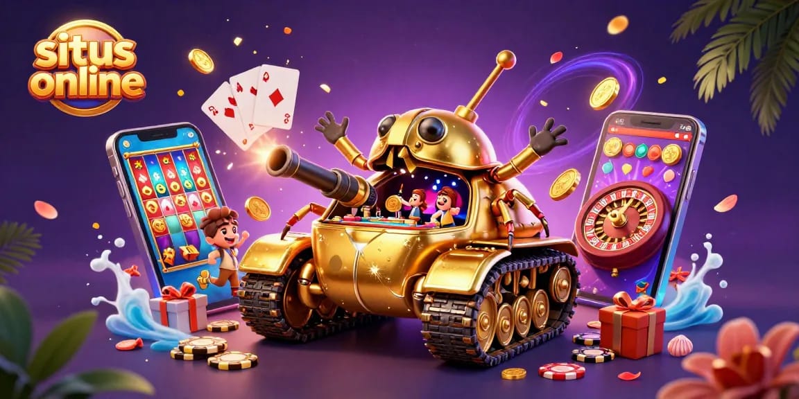 Bermain di situs online dengan mesin slot menakjubkan dan jackpot besar di latar belakang.