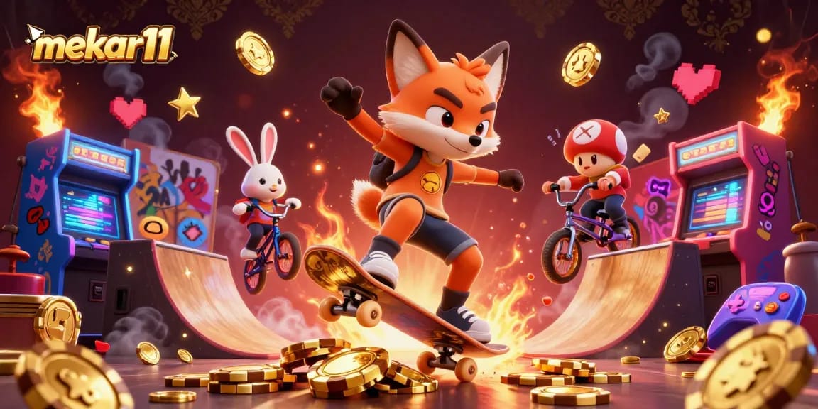 Join the excitement of mekar11 with vibrant casino-themed characters and gaming elements in a dynamic 3D scene.