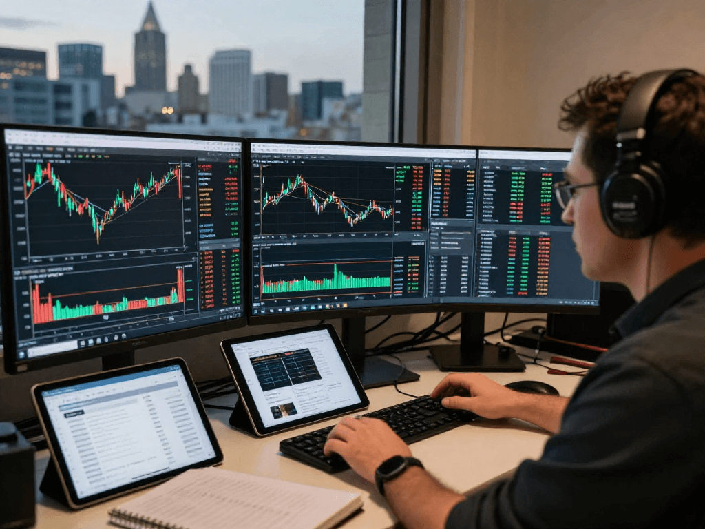 使用MetaTrader 5进行市场分析的交易者在专业的交易环境中，展示多屏幕和交易工具的工作场景。
