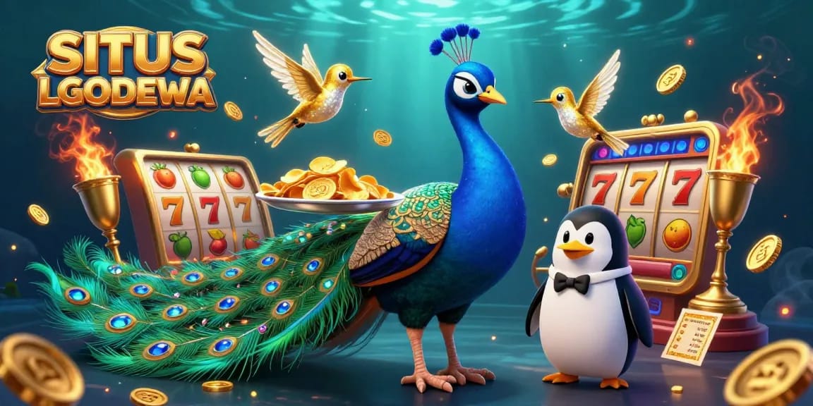 Win big with SITUS LGODEWA as a peacock, penguin, and hummingbird celebrate gaming riches!