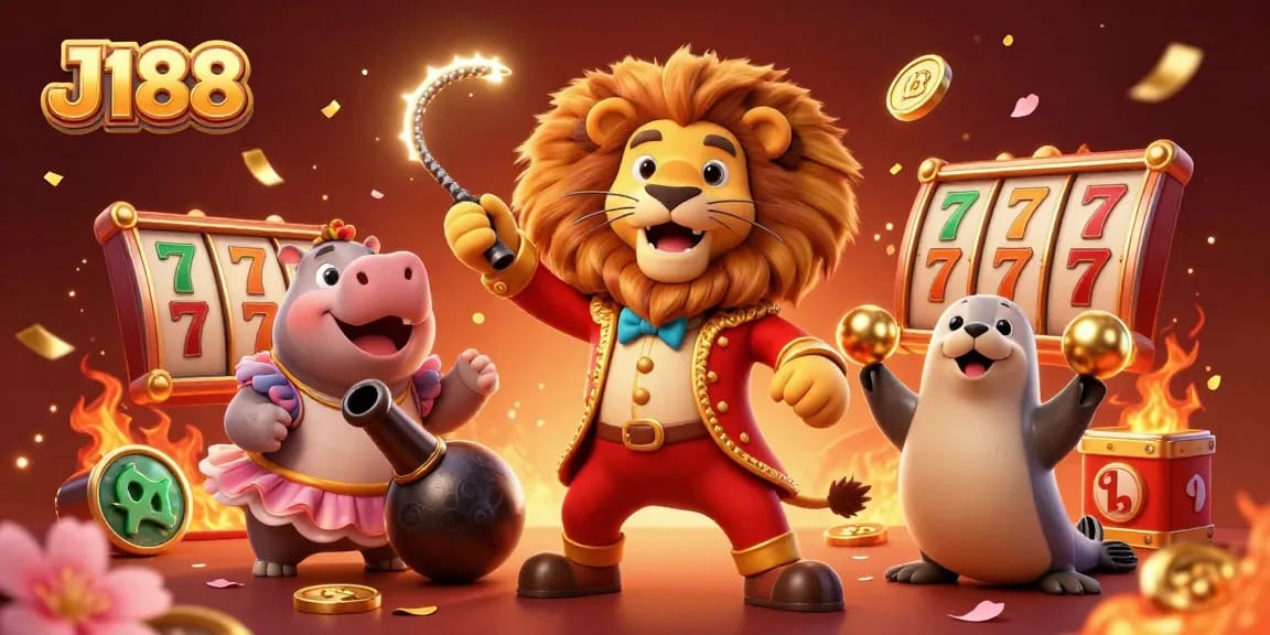 Experience thrilling slot games at J188 with a vibrant carnival scene of lively characters and dynamic gaming elements.