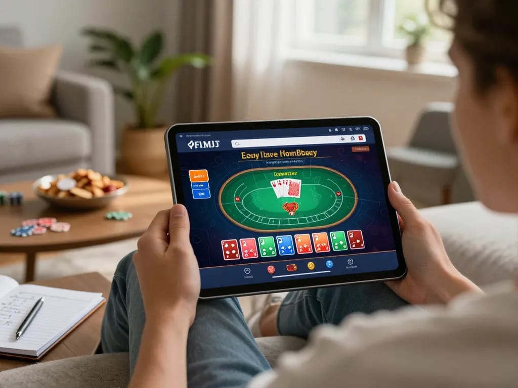 Engaging online poker game on tablet, vin88tp offers strategic gameplay in a cozy home setting