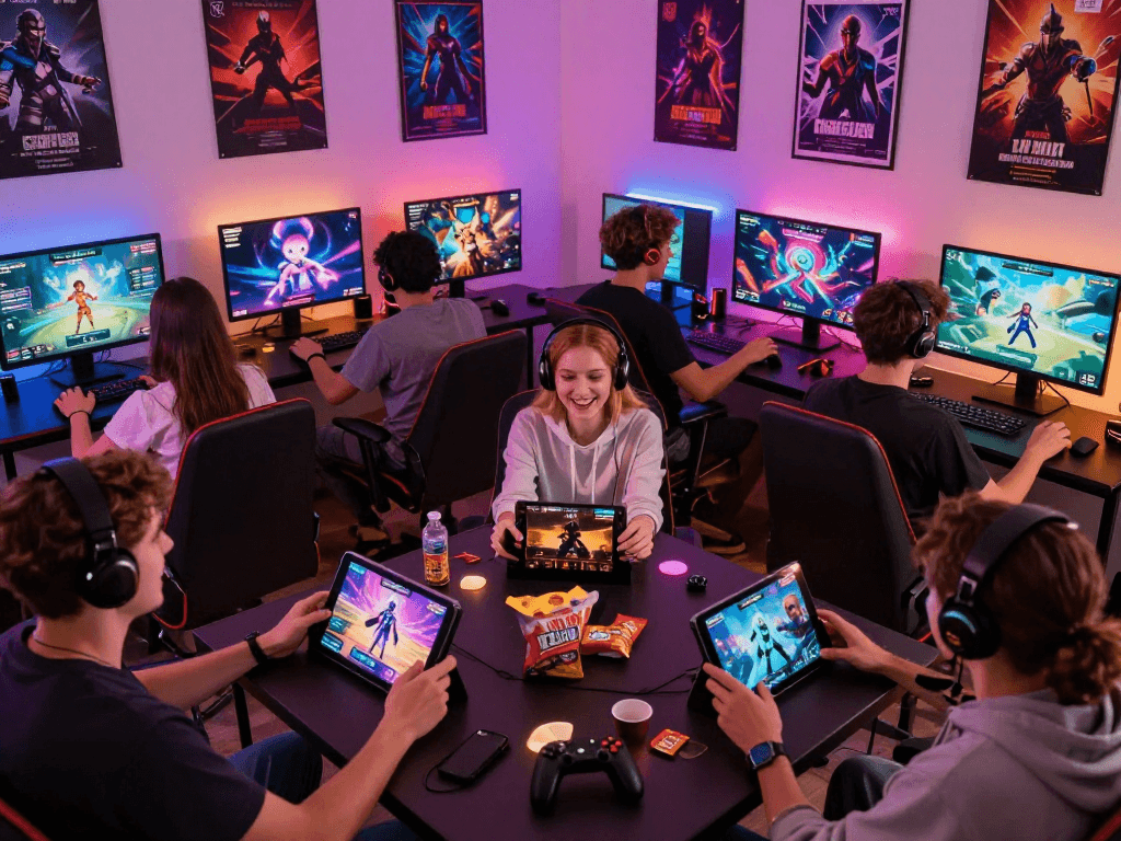 Players enjoying various sex games online in a vibrant gaming room setting.