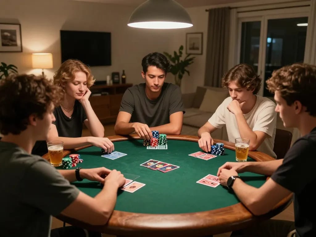 Friends enjoying Poker Uang Asli Dominobet in a cozy home game night setting with cards and chips.