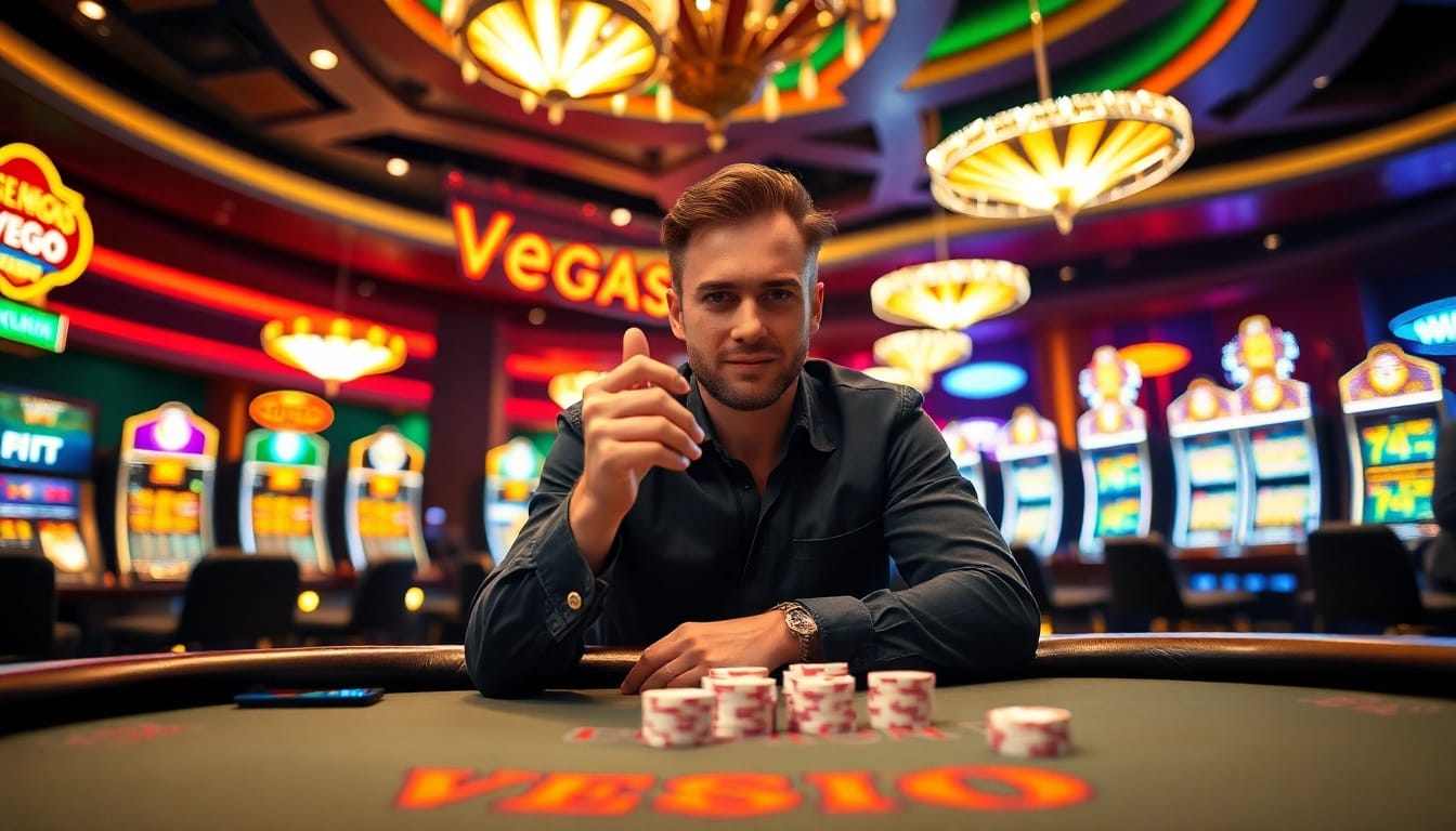 Vegas hero playing confidently at a poker table in a vibrant Las Vegas casino.