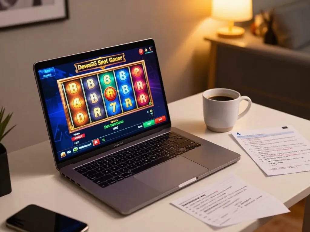 Player engaging with Slot Gacor Dewagg on a laptop, showcasing vibrant reels and gaming notes in a cozy home setup.