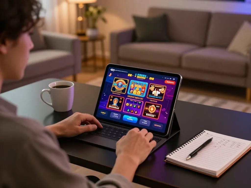Player enjoying online gaming on sites not on gamstop with tablet and betting notes at home.