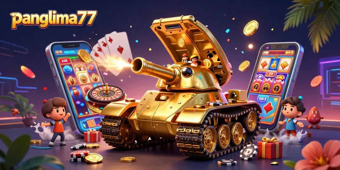 Experience the excitement of panglima77 with a vibrant 3D casino scene filled with games, confetti, and prizes.