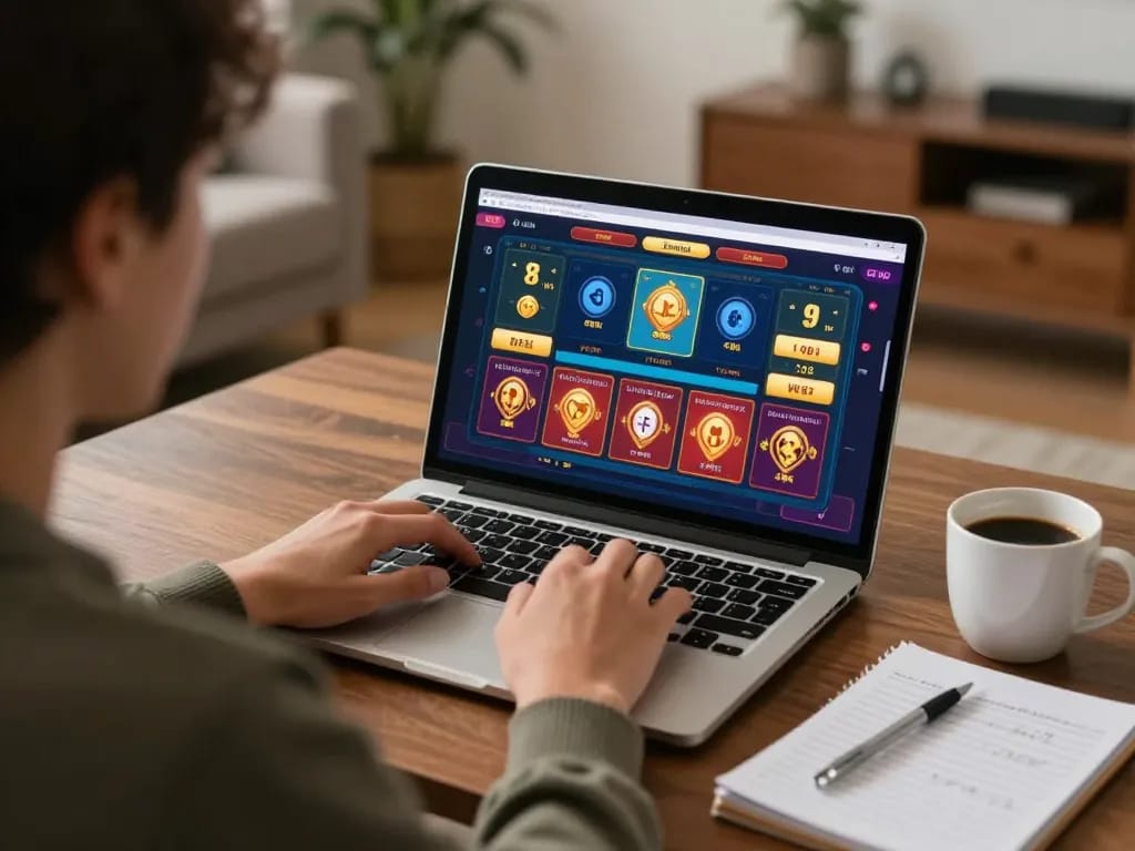 Player engaging with TG88's online casino app on a laptop in a cozy home setting.