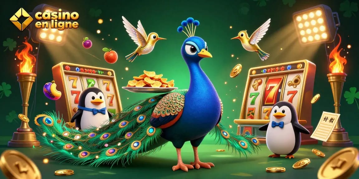 Jouez et gagnez avec casino en ligne : illustration dynamique d'un paon aristocratique entouré de jeux.
