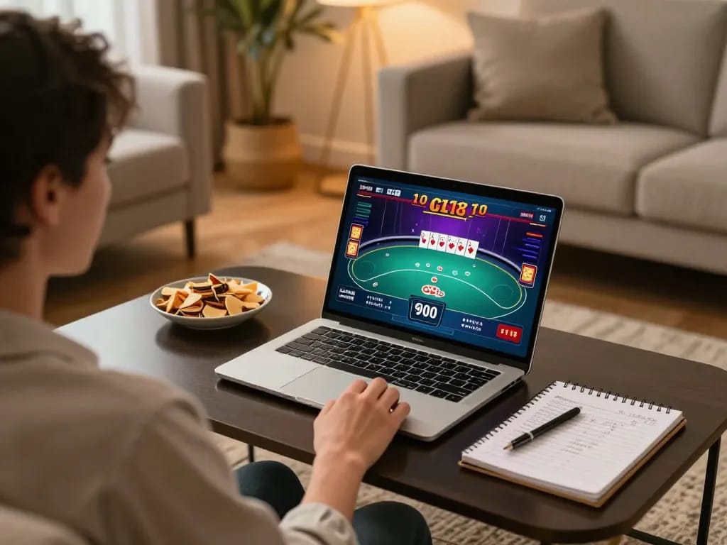 Engaging gameplay on 888now with a vibrant poker interface in a cozy home setting.
