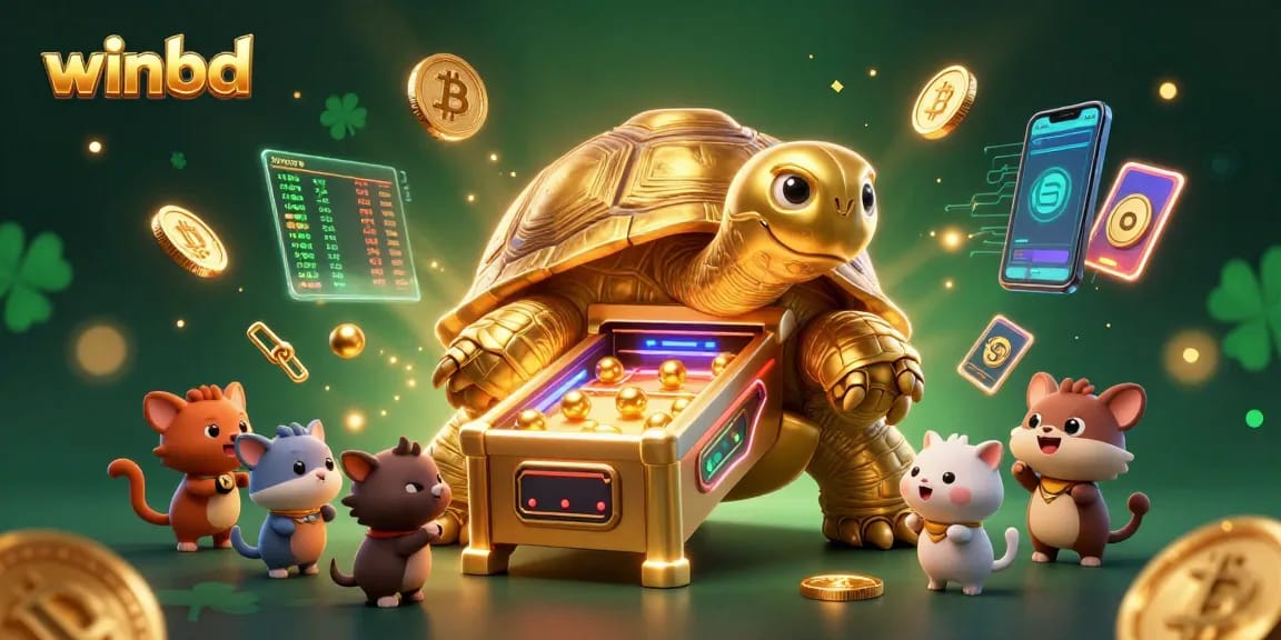 Winbd's colossal golden tortoise pinball machine attracting small animals in a vibrant casino scene.
