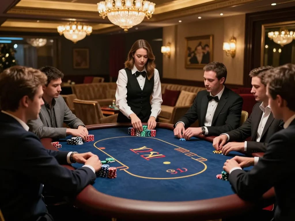 Players strategizing in a kinggaruda138 poker game, highlighting high stakes and luxury.