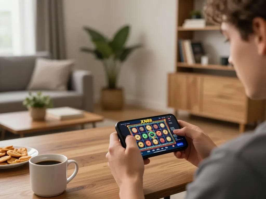 Engaging with XN88 casino app on a smartphone in a stylish living room setup