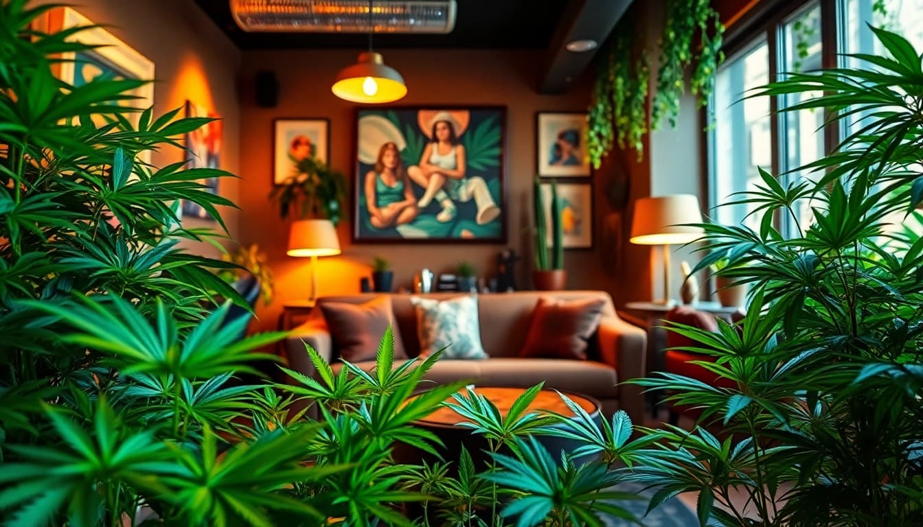 Guests enjoying a relaxed atmosphere at Green Guyz Cannabis Club Madrid: highlights vibrant lounge interior.
