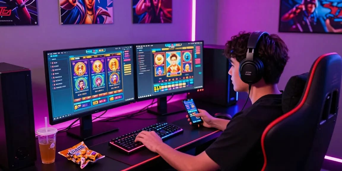 Excited player engaging with slot depo 1k games in a vibrant gaming setup.