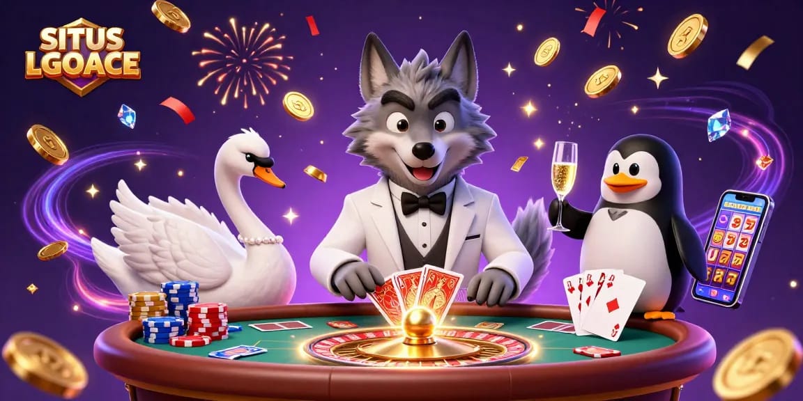 Winning strategies at SITUS LGOACE in a vibrant casino scene with animated characters and gambling elements.