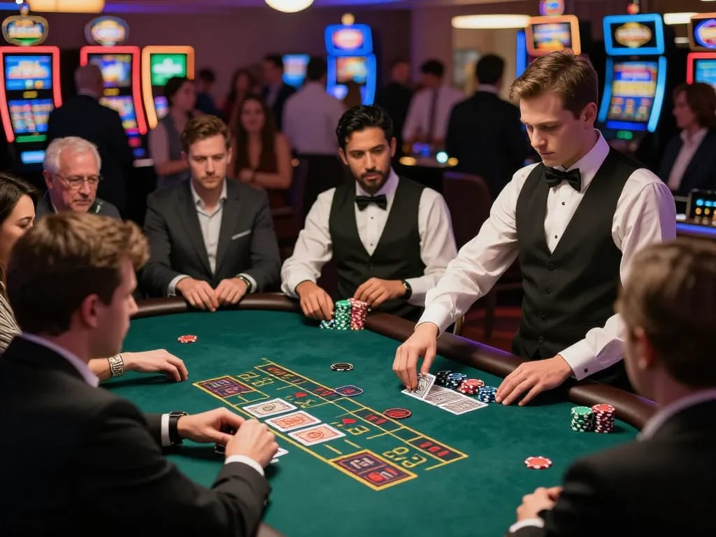 Các người chơi đang chiến lược trong một ván blackjack tại casino sôi động của Luckywin.