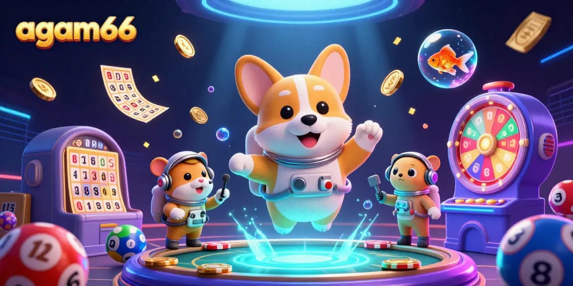 Spin to win with agam66 in a vibrant space station casino, featuring floating games and energetic companions.