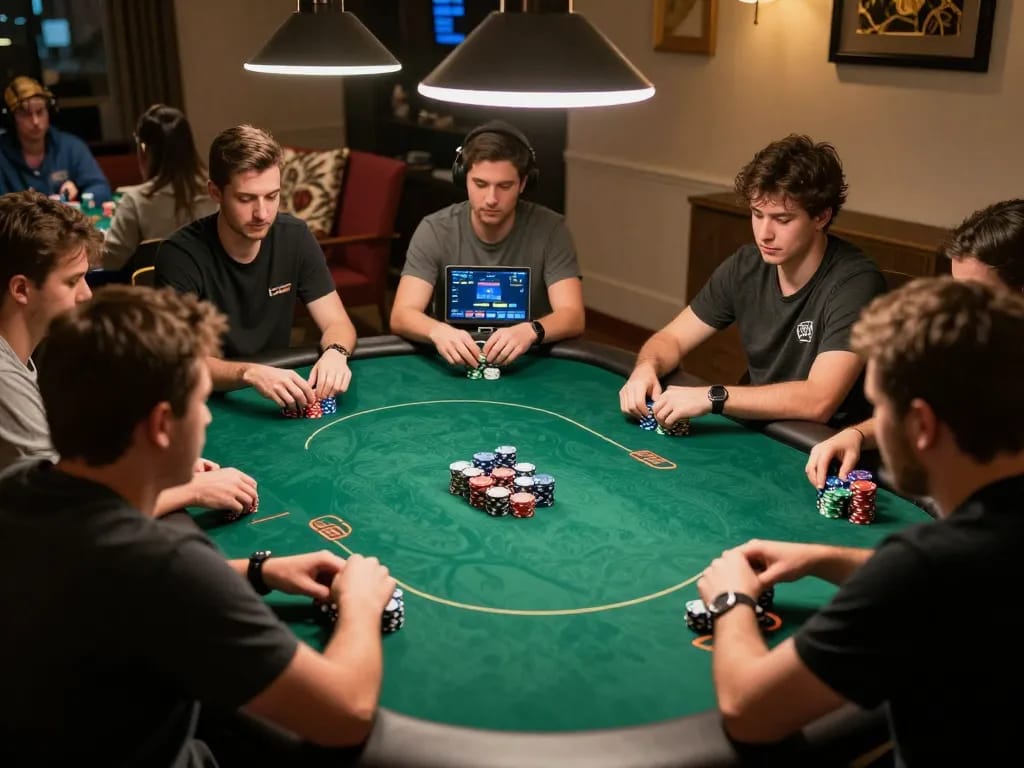RR88 SELECT online poker game in progress with focused players and colorful chips stacked on the table.
