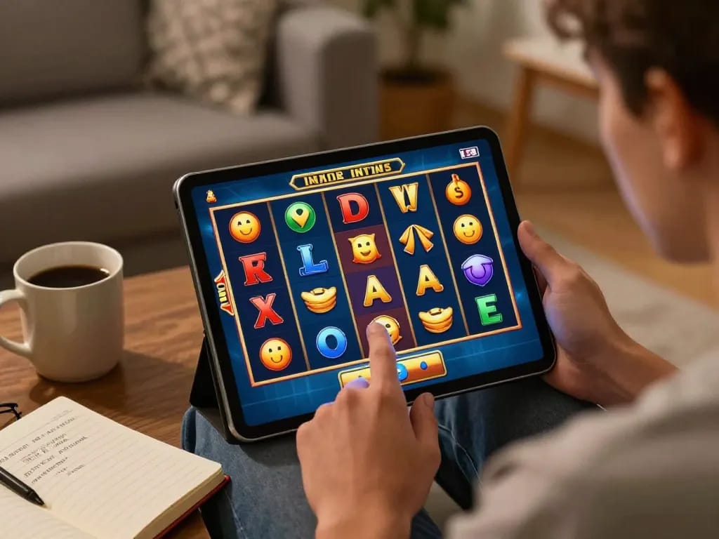 Engaging in a slot game on a tablet, highlighting an exciting home gaming experience.