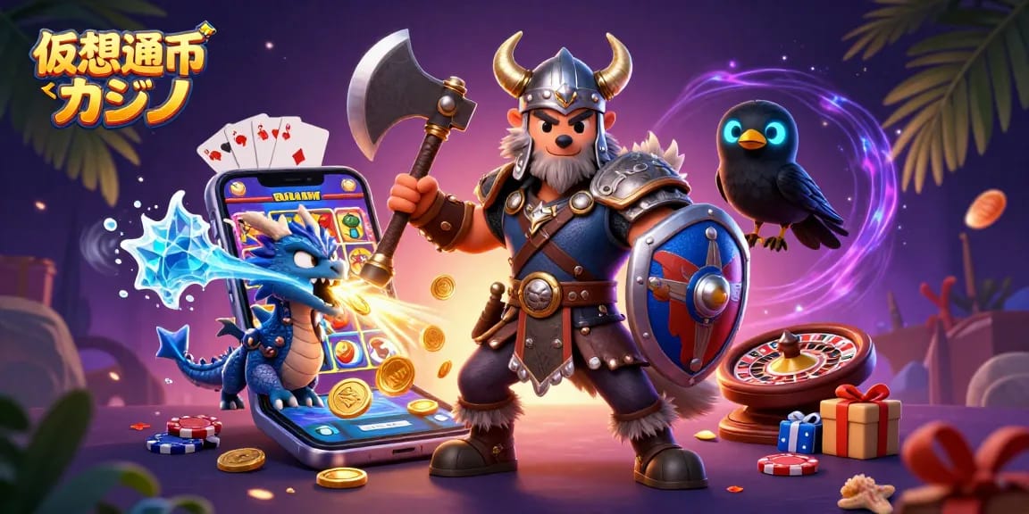 仮想通貨カジノでの勝利を目指す3Dキャラクターたちが、スロットゲームと魅力的なアイテムに囲まれて楽しむシーン