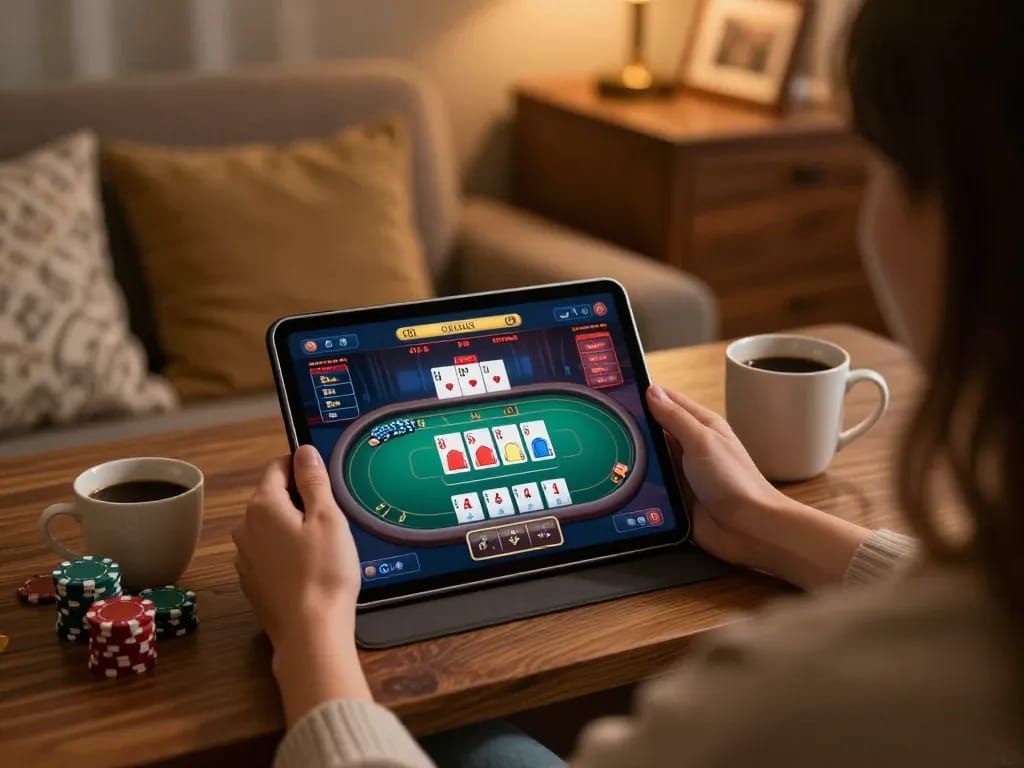 Engaging in an online u888 casino game using a tablet with poker interface displayed
