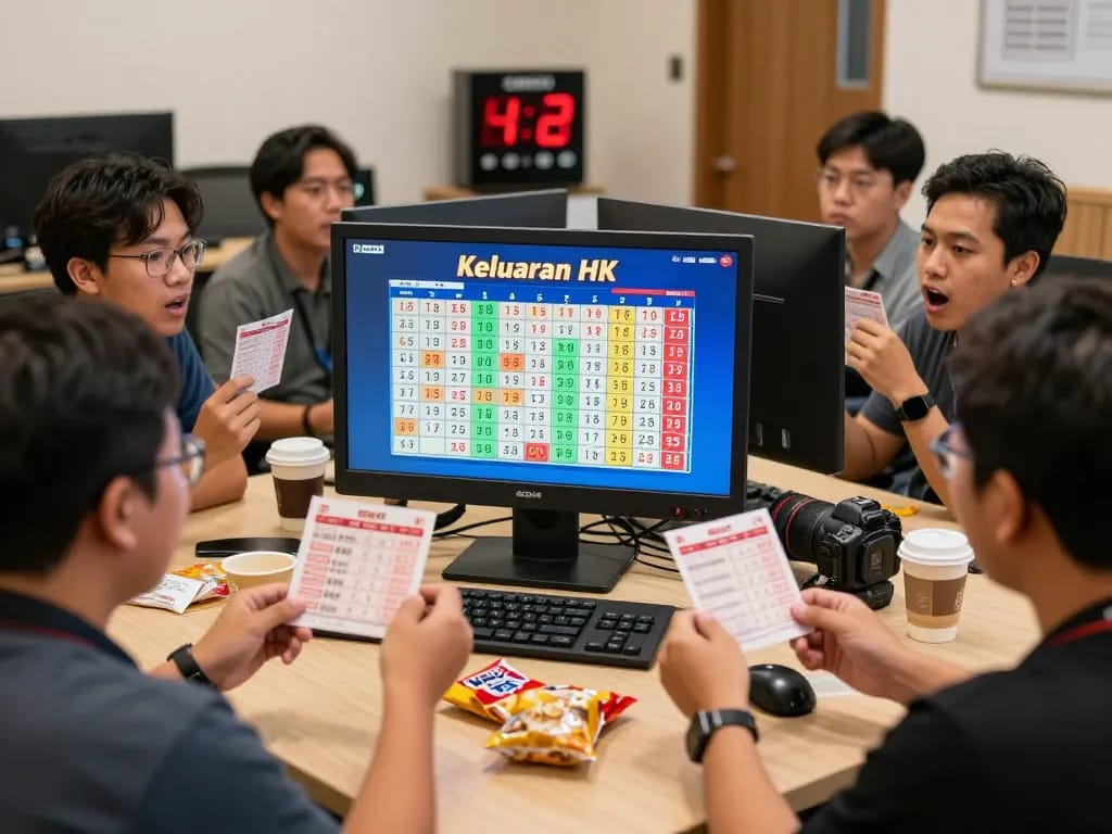 Keluaran HK live results display with enthusiastic players celebrating their lottery tickets in a vibrant home setting.