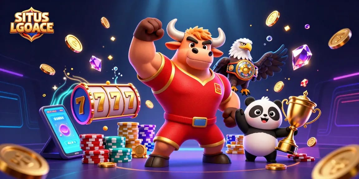 SITUS LGOACE promotes exciting gameplay featuring a bull mascot, eagle, and panda with casino elements.