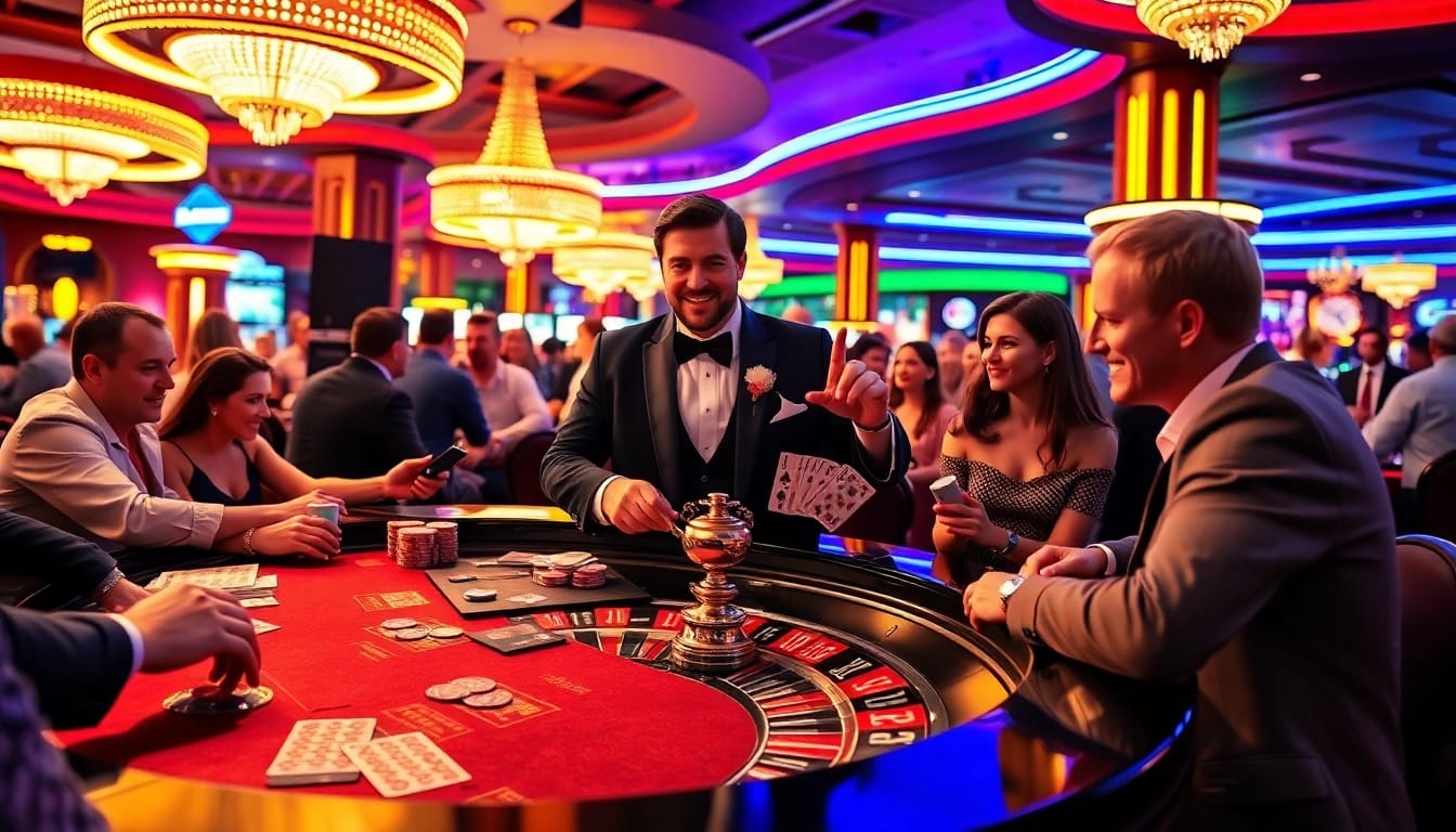 Experience the excitement with the Vegas hero leading a lively casino game with neon lights.