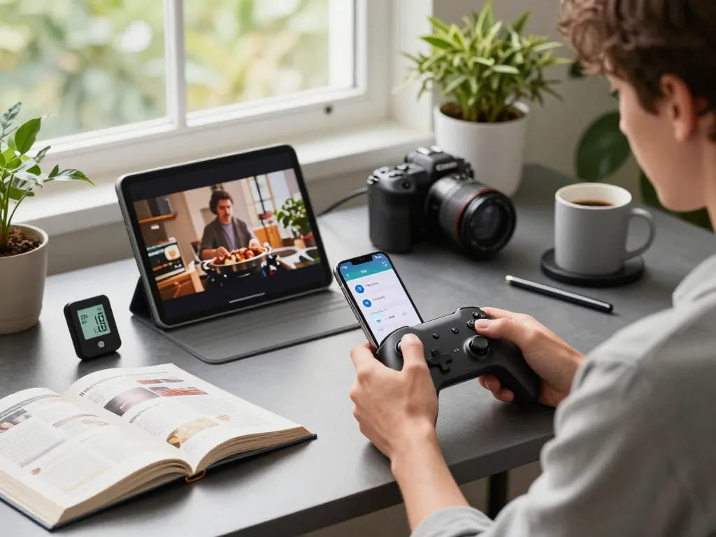A person utilizing unique tech gadgets like the 8BitDo Ultimate 2 controller and Chef iQ thermometer in a modern tech workspace.