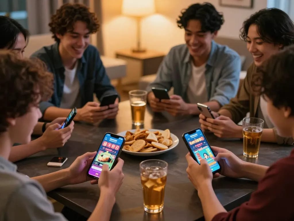 Friends enjoying mobile gaming on the kim99 app, creating a fun and competitive atmosphere.
